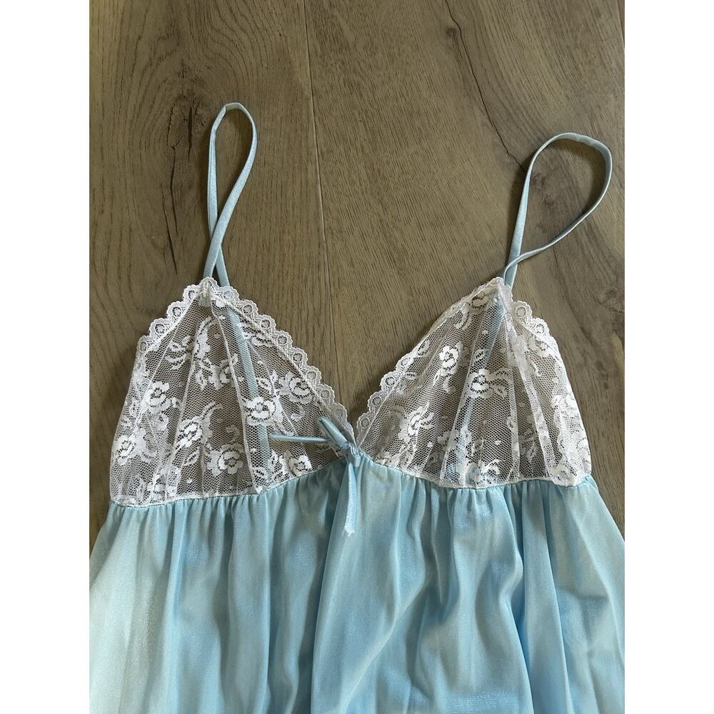 Women’s Solid Blue/White Nylon Full Slip with Lace Trim, Size L Regular - Picture 2 of 4
